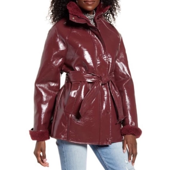 NEW J.O.A. x REVOLVE Red Patent Leather Belted Fleece Lined Jacket, Size XS - Picture 1 of 8